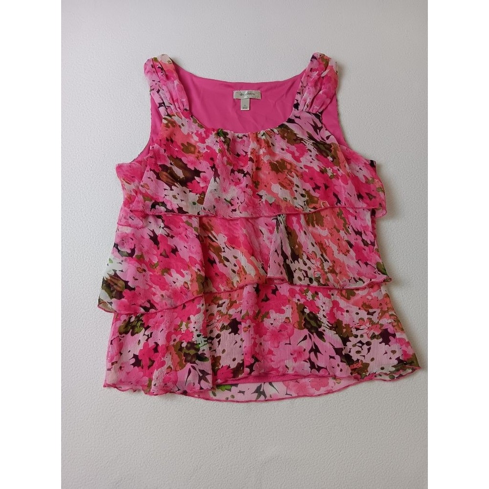 Dressbarn Pink Floral Tiered Ruffle Sleeveless Blouse Top Womens XL Chiffon